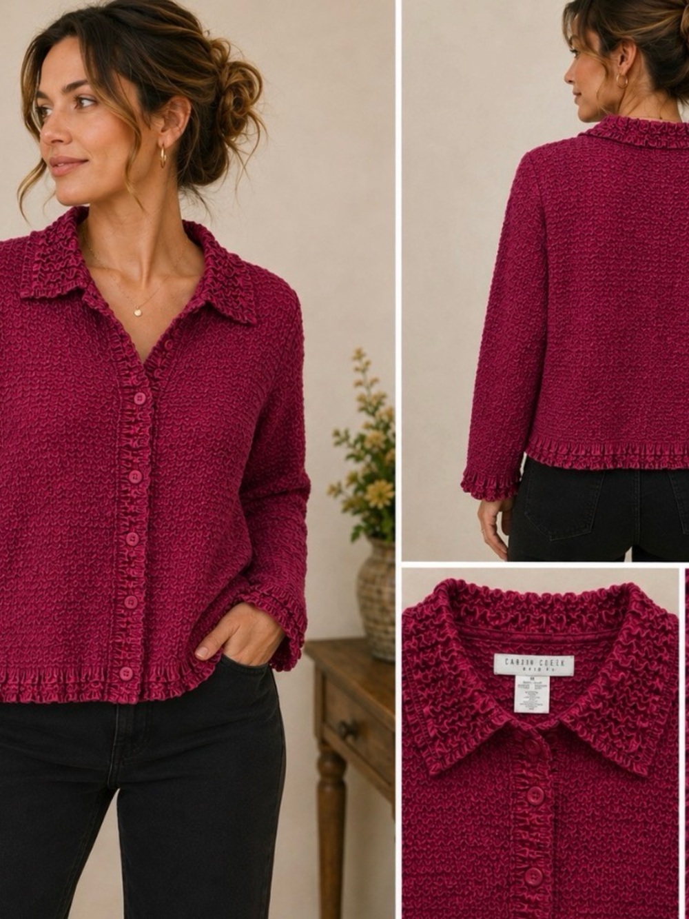 VTG Carole Little Y2K Cranberry Crinkle Popcorn Shirt/ Jacket Size L Whimsigoth